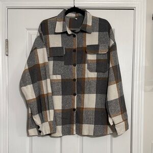 Women's Plaid Shirt Jacket in Gray, White, and Brown